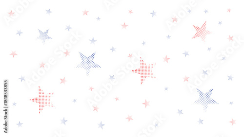 halftone star shapes with red and blue dotted star forms scattered on white background for modern abstract festive vector design