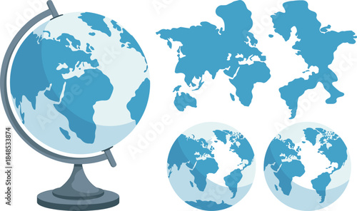 Earth globe, world maps, map projection, geography concept, global view, educational design, continents, hemispheres, vector illustration, learning tool