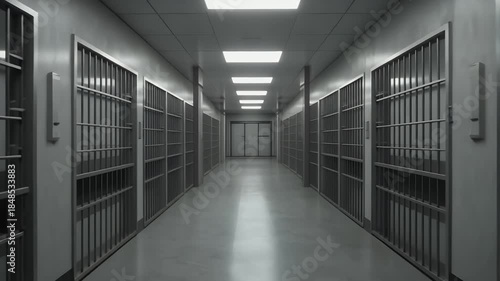 Long Grey Prison Hallway with Metal Bars and Fluorescent Lighting