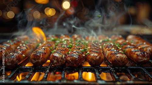 Sizzling sausages on grill with green herbs and sesame seeds