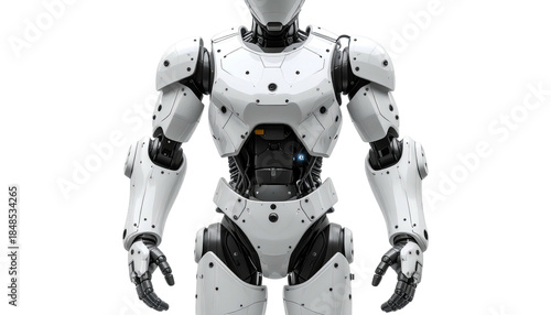 A detailed, frontal view of a futuristic humanoid robot with metallic components