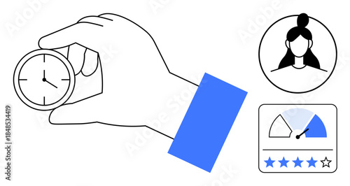Time management concept. Hand holding clock alongside user profile, performance meter, and 5-star rating. Time management for productivity, performance monitoring, and user reviews. Useful
