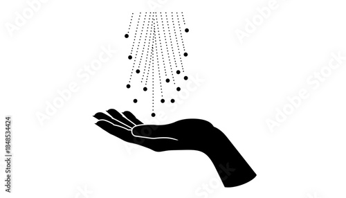 Black silhouette of hand receiving falling dots, vector illustration.