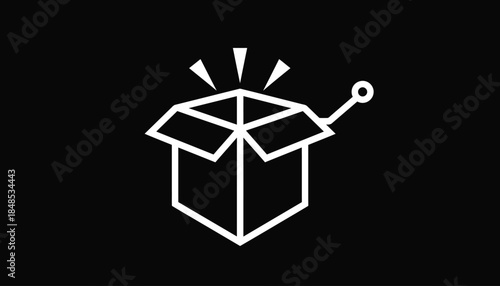 Unboxing vector icon, open box with light effect, surprise concept.