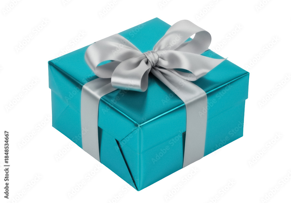 Fototapeta premium Shiny turquoise gift box with silver ribbon isolated PNG, present for birthday or Christmas on transparent background