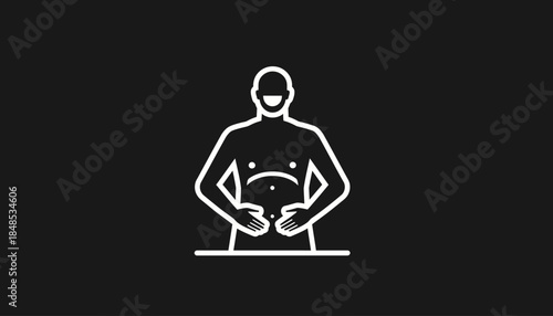White line art illustration of a person holding their stomach.