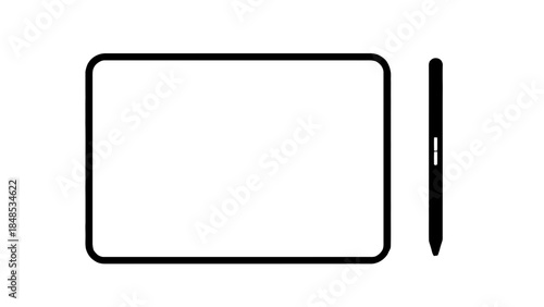 A blank digital drawing tablet and stylus are shown in silhouette.