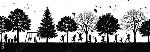 Happy Family Fun Time Silhouette, Children Jumping and Playing Outdoors, Parents with Kids in Park with Trees, Vector Concept of Childhood, Freedom, and Nature