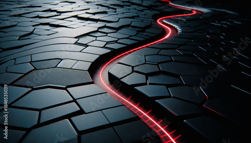 Winding Red Neon Path Through Black Hexagon Surface