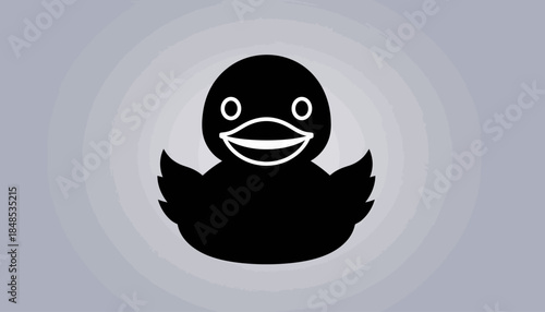 Simple black rubber duck icon with white eyes and beak on a grey background.