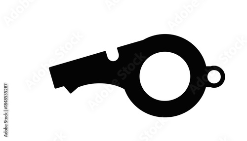 Black silhouette of a classic whistle, a simple graphic icon against a white background, symbolizing sports, refereeing, or a call for attention.
