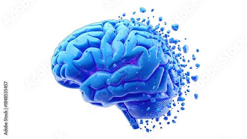 Blue brain with pieces breaking off isolated on a transparent background human brain