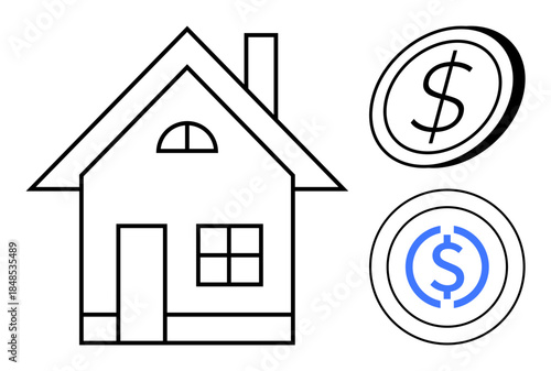 Real estate, investment, property purchase, home financing, banking, wealth management. Minimalist house outline with two currency coins. Real estate and investment concept