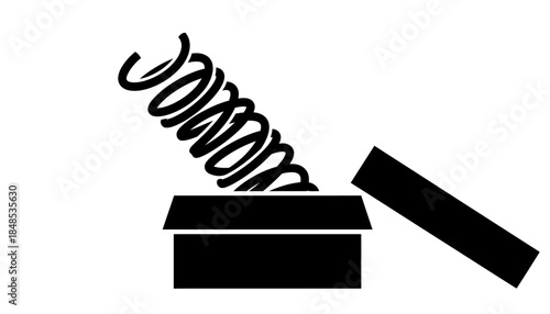Black and white illustration of a spring popping out of an open box, symbolizing surprise and playfulness.