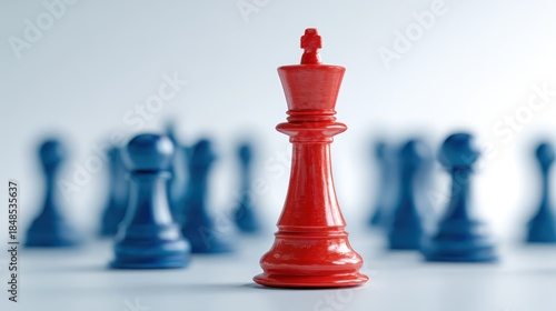 Single red chess king standing prominently in front of blurred blue chess pieces, leadership and business strategy concept, unique identity and being different in a crowd