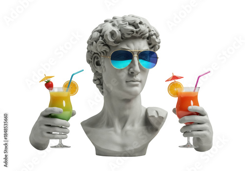 David statue bust with sunglasses and cocktails isolated PNG, summer vacation concept on transparent background