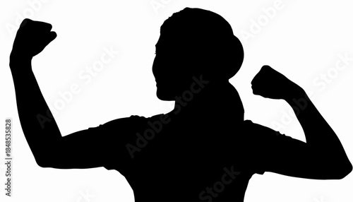 Silhouette of a strong and confident woman flexing her biceps, symbolizing power and determination.