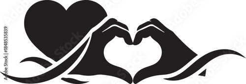 Stylized black and white heart hands gesture illustration