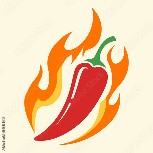 Vector illustration of a red hot chili pepper engulfed in orange flames. Perfect for spicy food branding, restaurant logos, hot sauce labels, and Mexican cuisine design elements