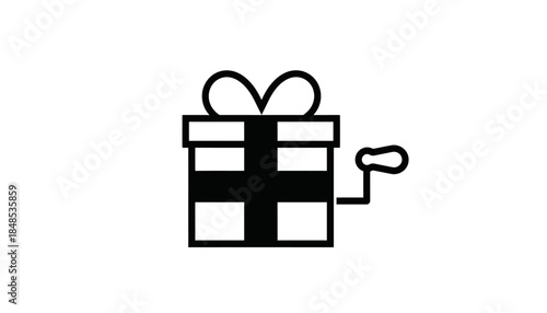 Black and white illustration of a gift box with a crank, suggesting a surprise or a jack-in-the-box toy.