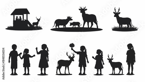 Deer and children interacting in silhouette.