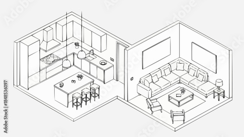 Modern open-plan kitchen and living room interior design sketch.