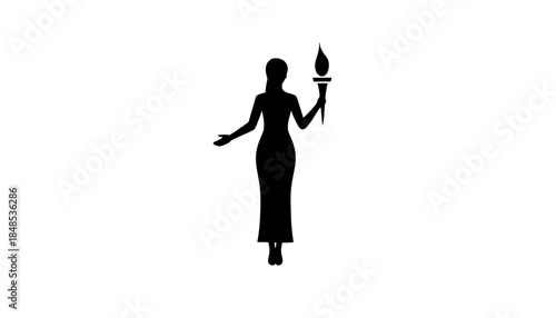 Black silhouette of a woman holding a torch, symbolizing enlightenment and freedom, on a white background.