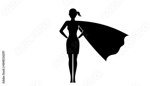 Black silhouette of a strong superhero woman with a flowing cape standing confidently with hands on hips.