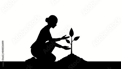 Silhouette of a woman planting a small seedling in soil, symbolizing growth, care, and environmental conservation.