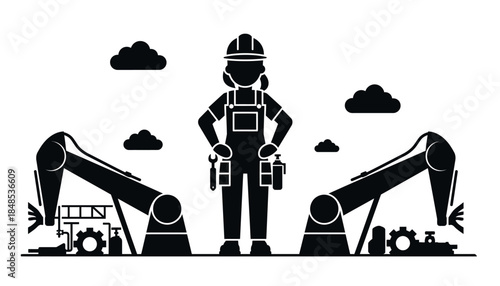 Female engineer with industrial robots and factory equipment, a black and white vector illustration.