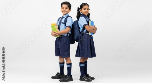 happy indian school students wearing uniform standing on isolated background