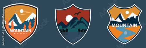 Mountain Adventure Badge Logo Collection. Set of vintage style mountain adventure badges featuring outdoor exploration themes, ideal for travel branding, apparel design, and nature related projects.
