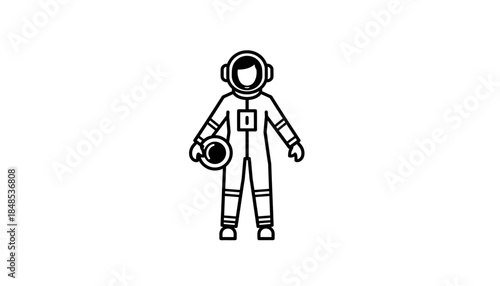 Astronaut in spacesuit holding helmet, black and white line art illustration, ready for space exploration.