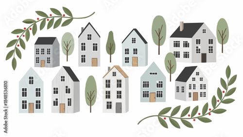 Collection of charming Scandinavian style houses with trees and foliage.