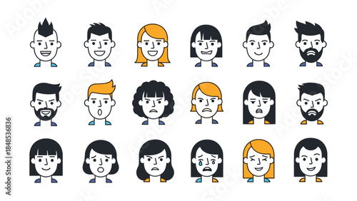 Set of Diverse People Avatars with Different Facial Expressions