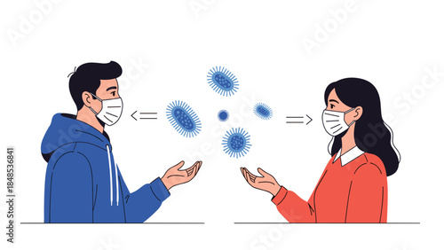 Man and Woman Wearing Face Masks Social Distancing from Virus