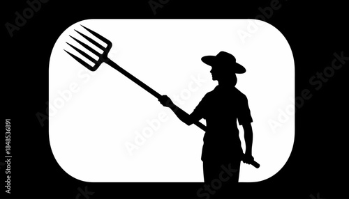 Silhouette of a farmer holding a pitchfork, symbolizing agriculture and hard work.