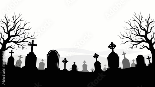 Silhouette of a spooky graveyard with tombstones and crosses under a pale sky.