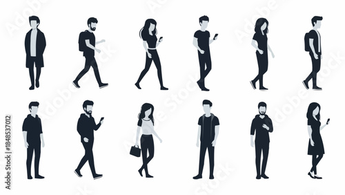 Collection of Diverse People Silhouettes Engaged with Smartphones.