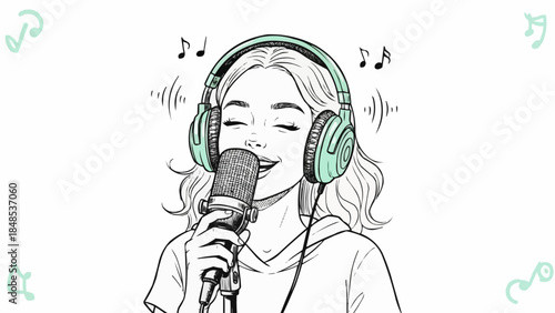 Young Woman Singing Enthusiastically into Microphone Wearing Headphones.