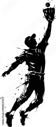 Baseball Fielder Jumping Catch Ink Brush Silhouette. Sport Action Vector.