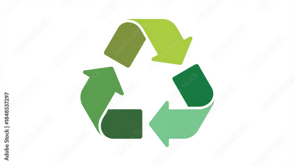 Obraz premium A universal recycling symbol with three chasing arrows in varying shades of green, set against a clean white background.