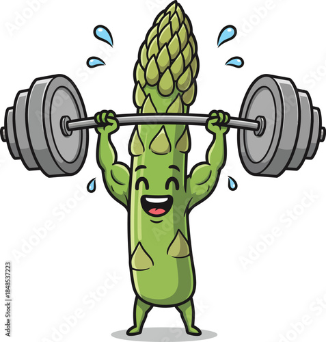 A strong muscular cartoon asparagus character happily lifting a heavy barbell while sweating.
