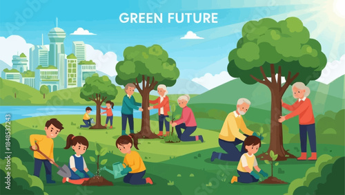 People planting trees together for a green future.