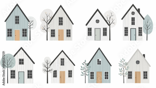 Collection of Eight Charming Scandinavian Style Houses with Trees.