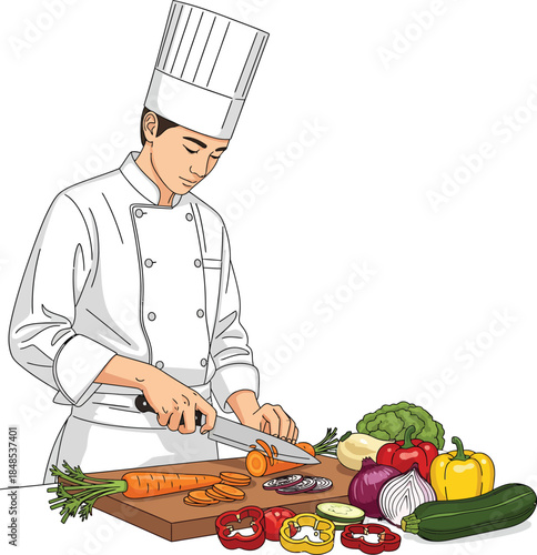 A young male chef in a white uniform and toque hat carefully slicing fresh colorful vegetables on a cutting board.