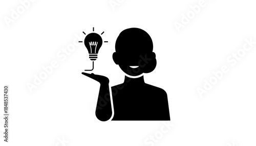 Creative idea concept with person holding a glowing light bulb icon.