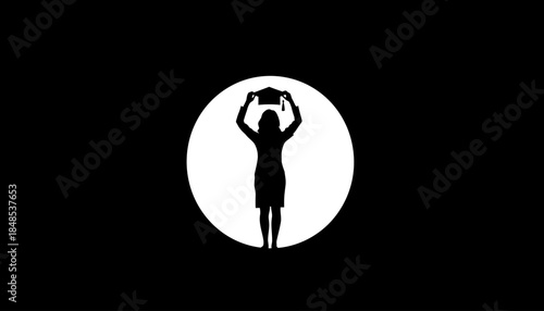 Silhouette of a graduating woman holding her cap above her head, celebrating achievement and success.