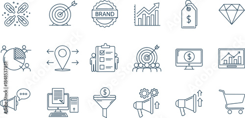 Marketing and business strategy icons set, digital analytics, seo, sales funnel, target audience, finance, and branding symbols.