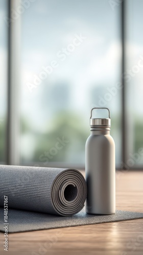 Yoga mat and water bottle near window, home fitness workout setup